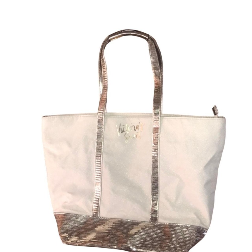 Victoria's Secret White Canvas Silver Sequin Glitter Tote Bag Shoulder Bag Large